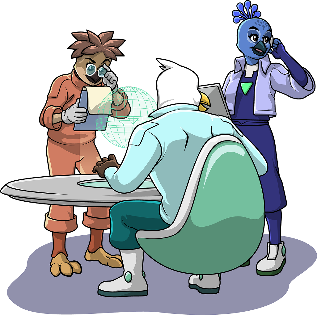 Illustration of the SafetyWing crew collaborating around a workstation