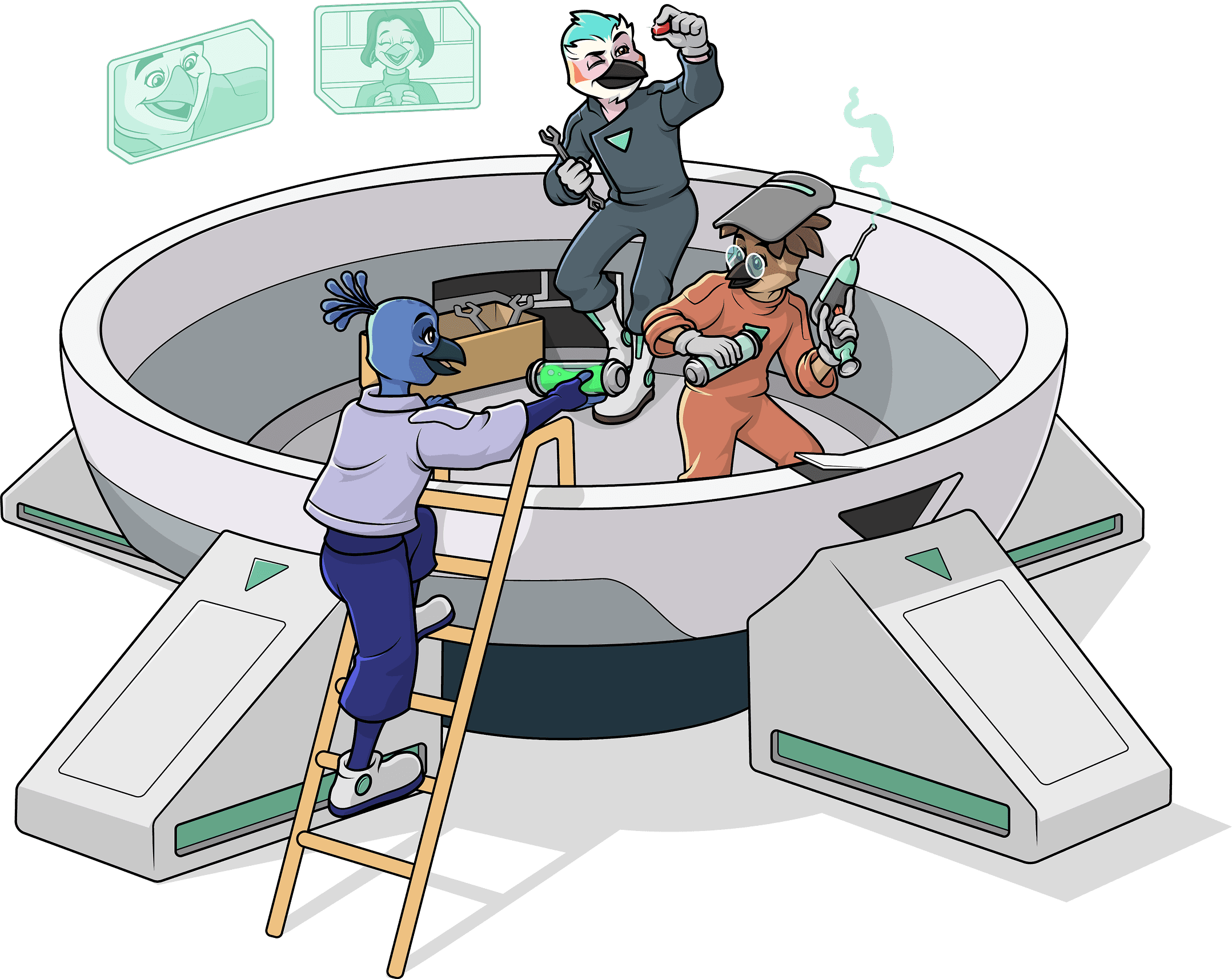 Illustration of a SafetyWing crew assembling an embedded health insurance platform