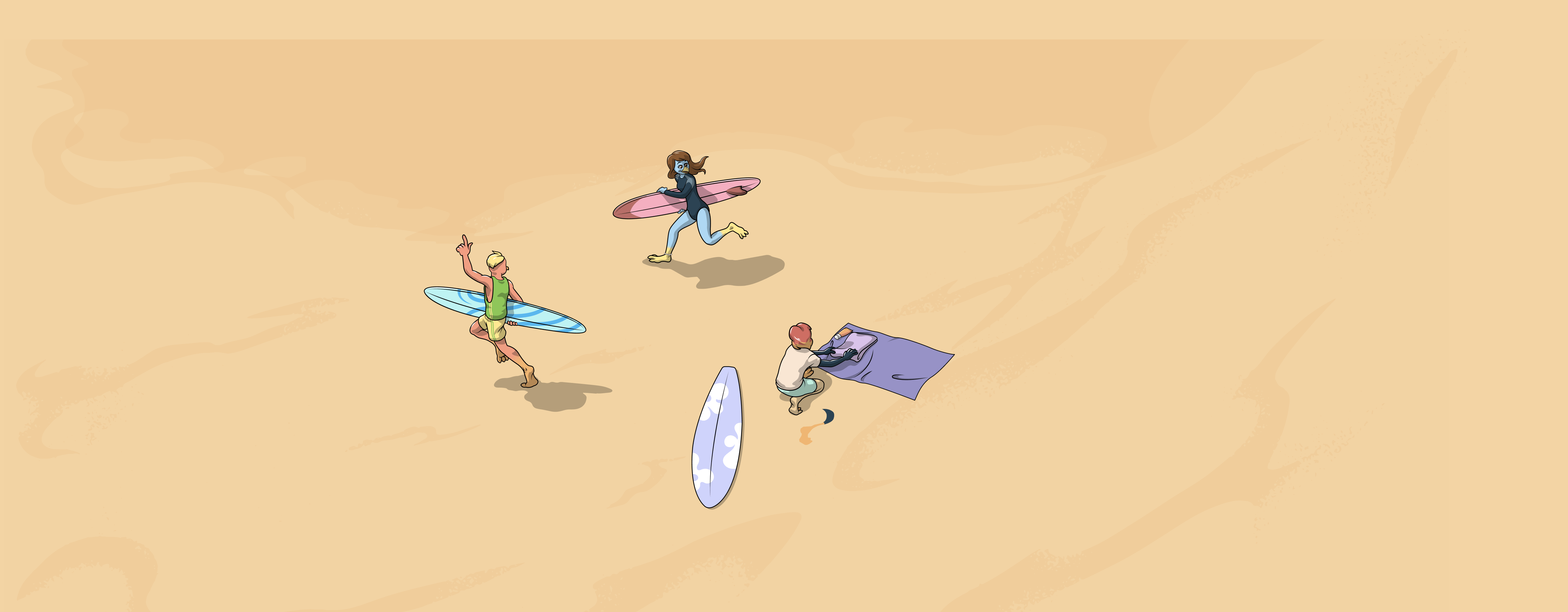 Surfers and a bird working remotely from the beach